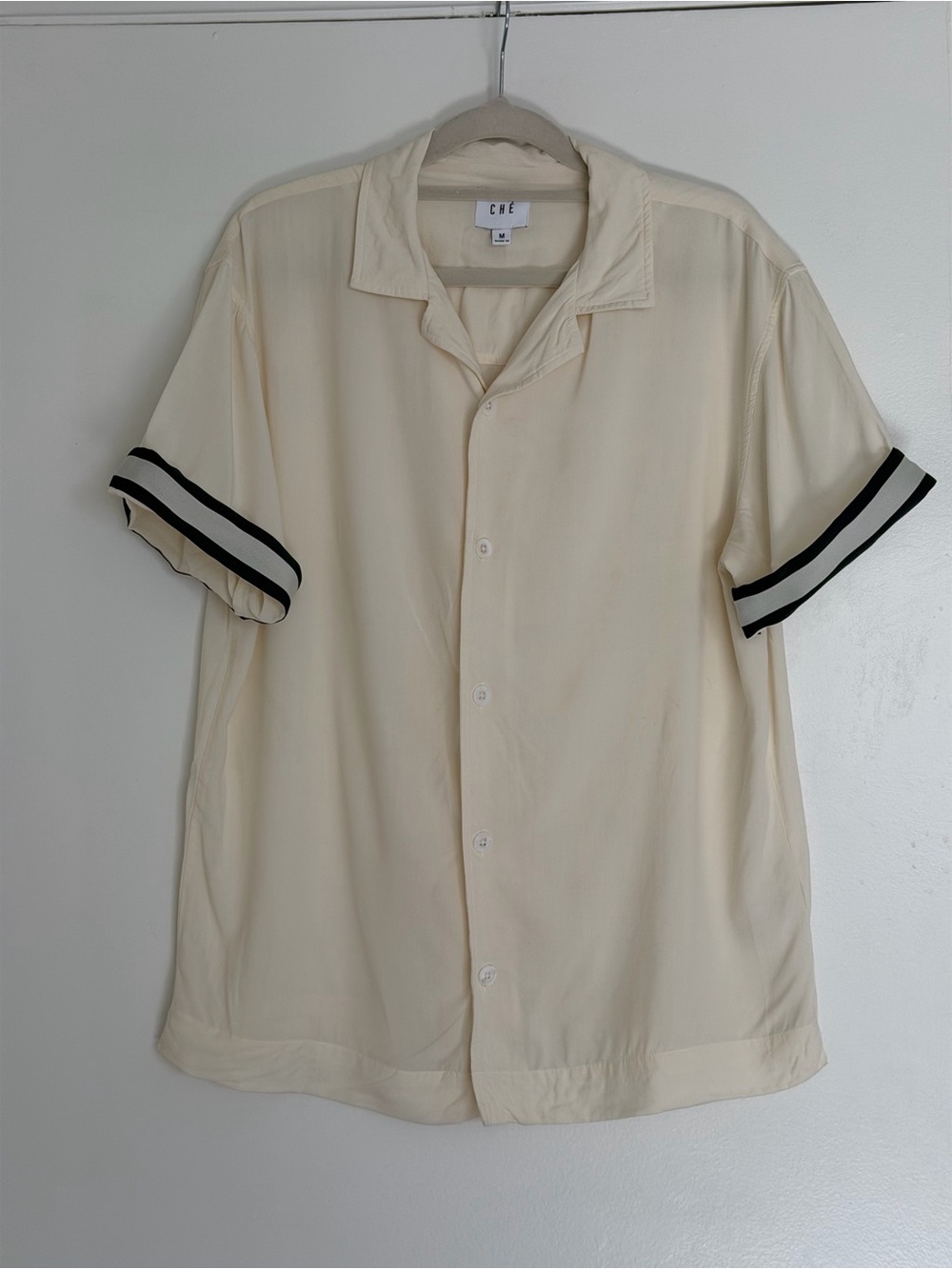 Ché Studios Ivory Off-White Viscose Striped Trim Short Sleeve Camp Shirt -Size M